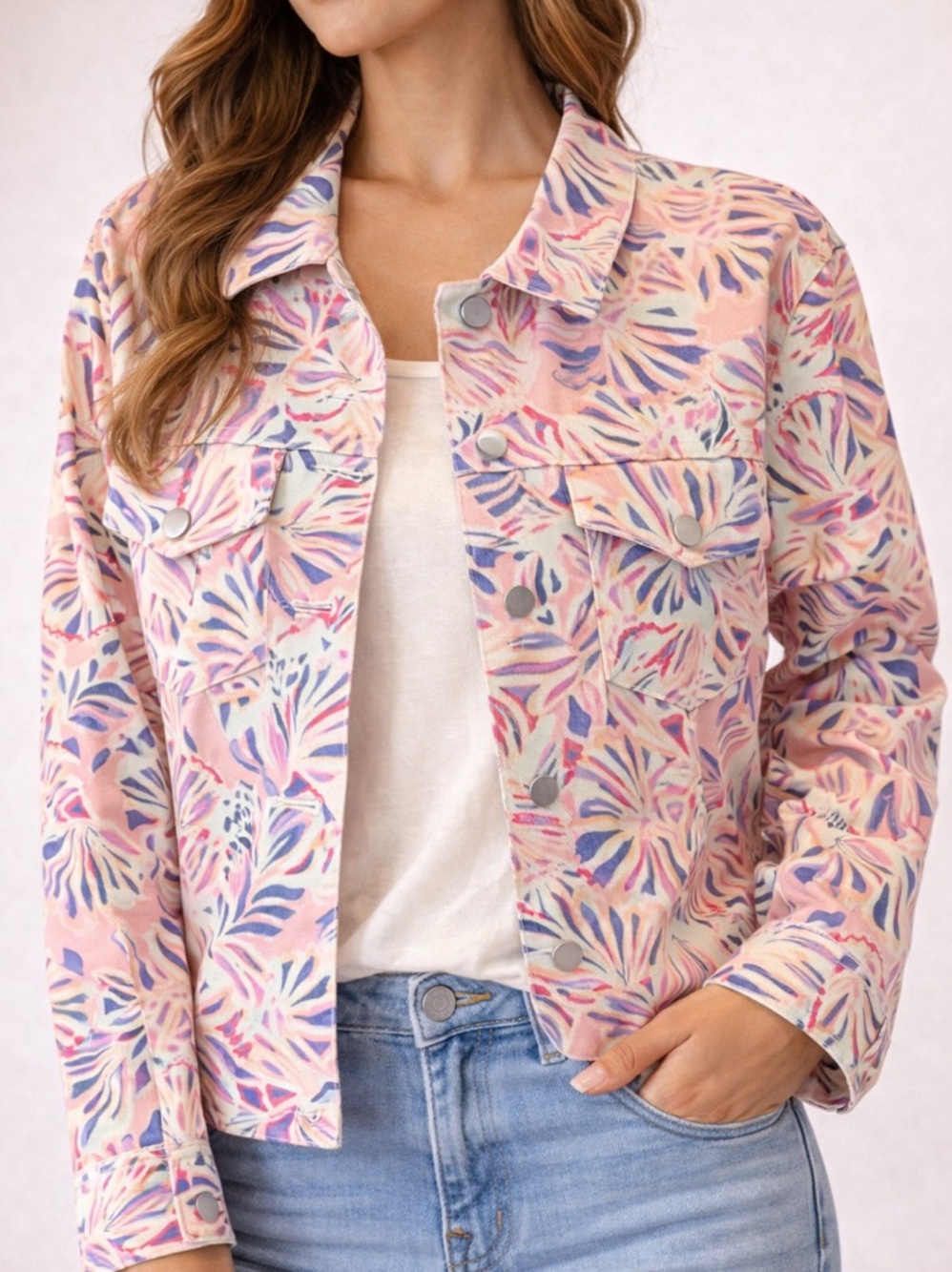 Floral Pink Printed Jean Jacket for Women